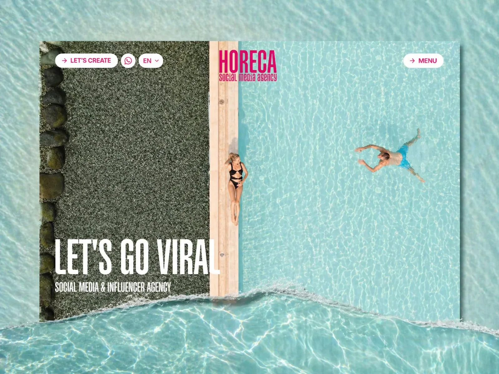 Homepage of a social media agency showcasing an overhead view of a pool by the ocean, with two people present and the headline “Let’s Go Viral.”