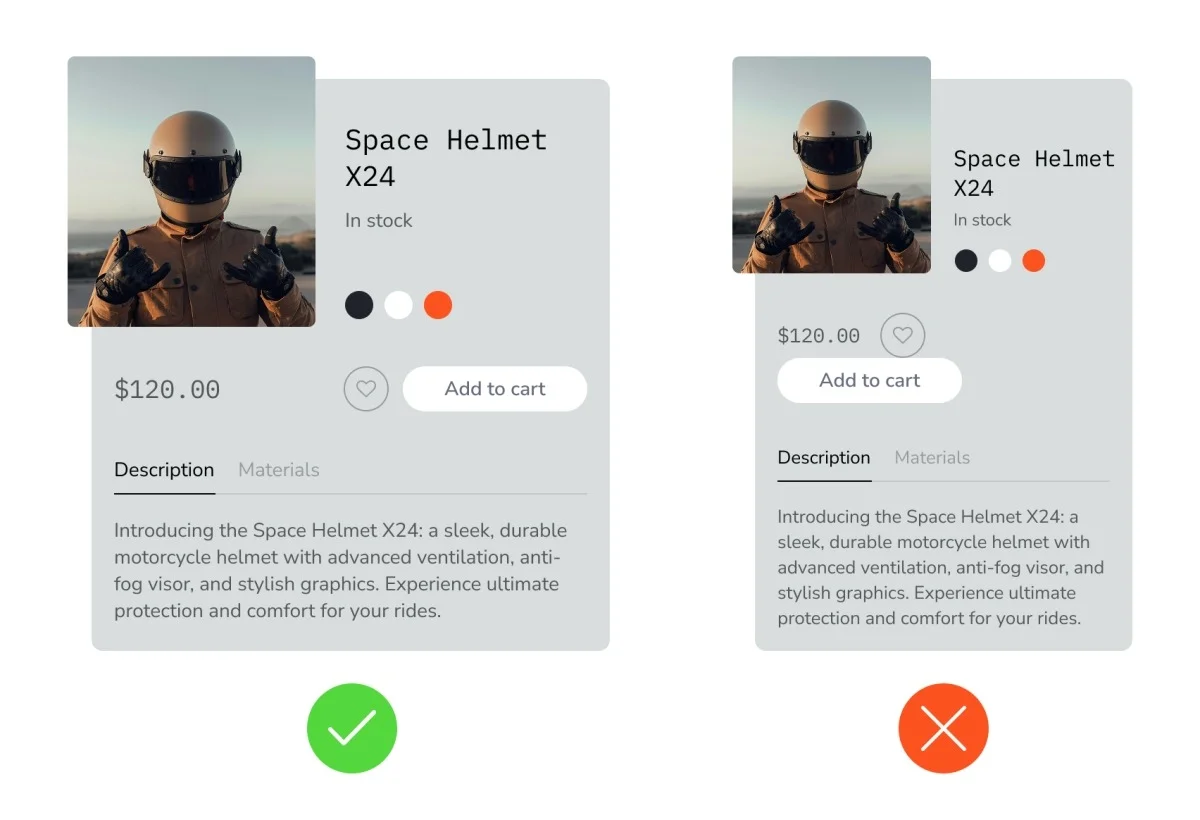 Comparison of two product card layouts showing one correct and the other broken